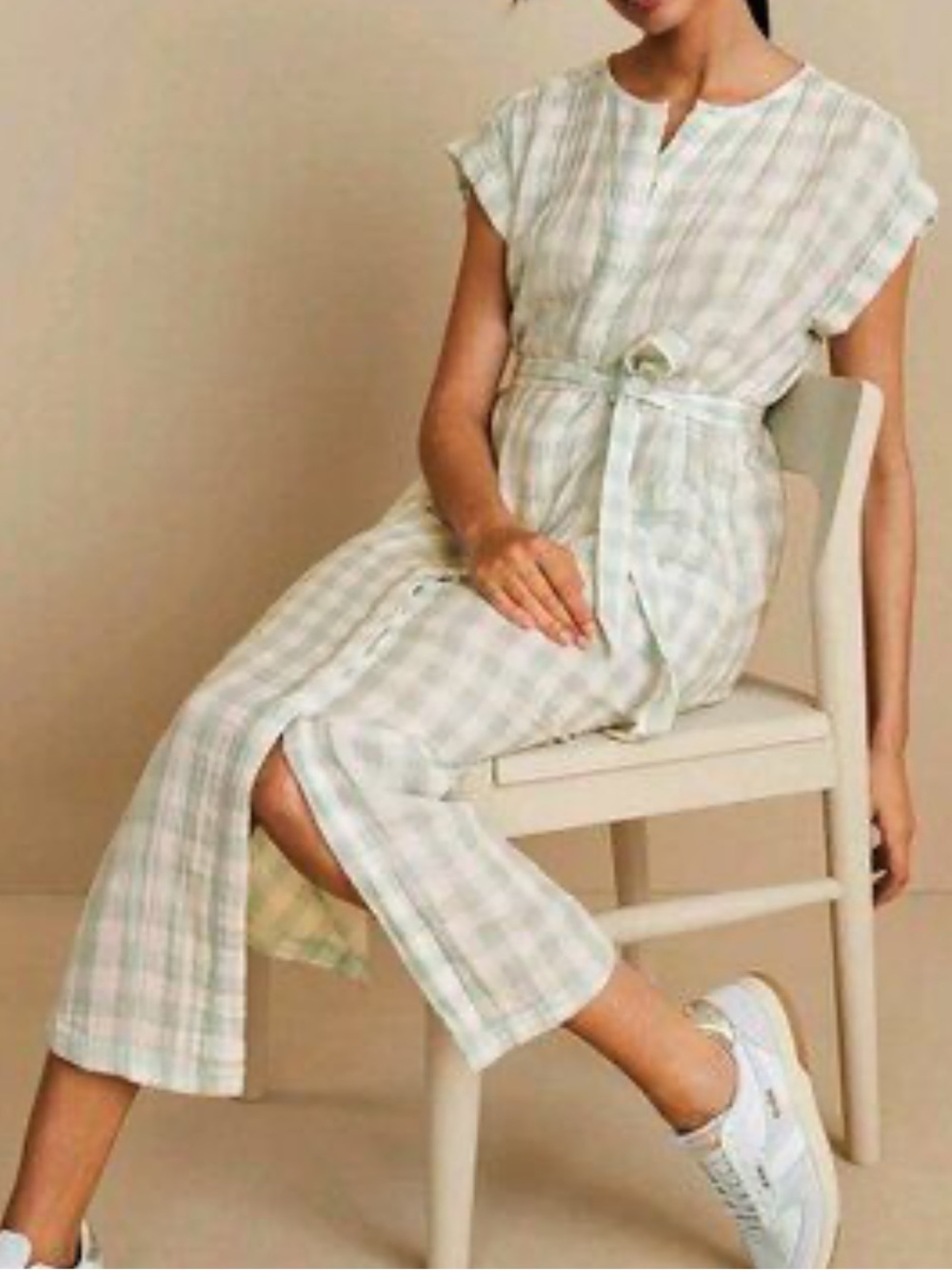 Lou & Grey Mint and White Plaid Maxi Dress with Tie Waist